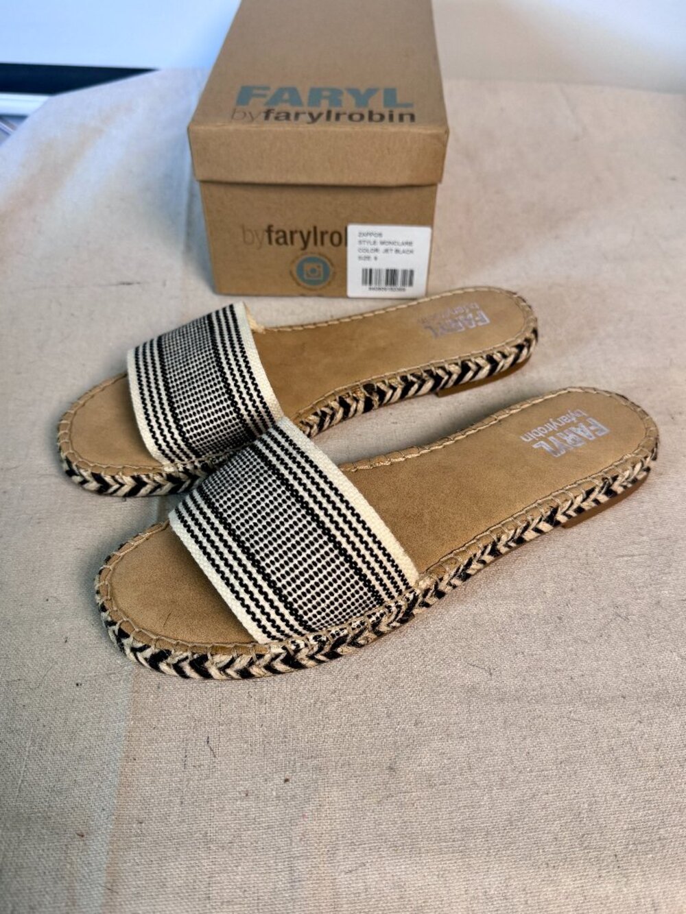 9 FARYL by Farylrobin Womens Monclare Sandals Jet Black White Design Jute Raffia